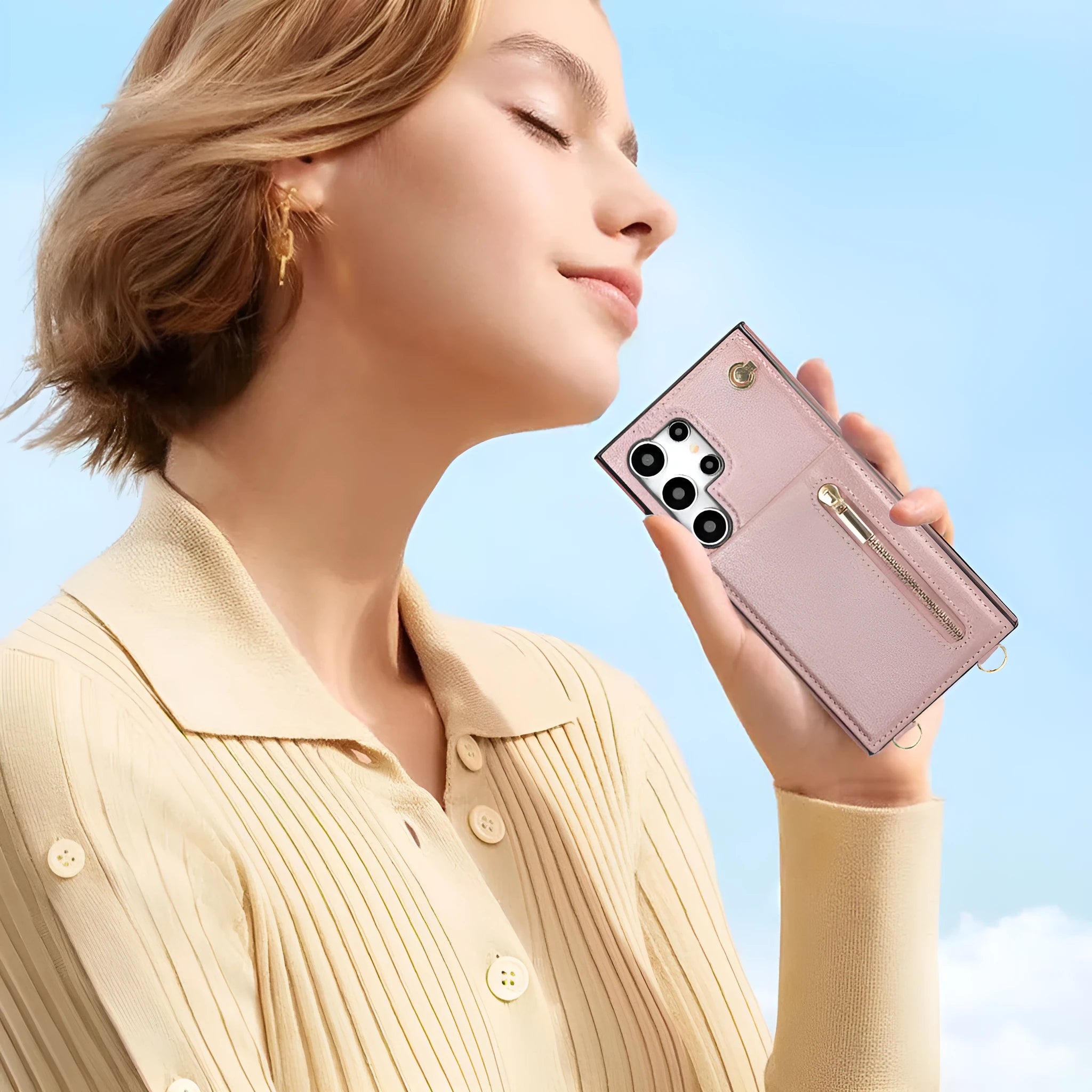 Leather Samsung phone case with crossbody strap and zippered card slot in various colours.
