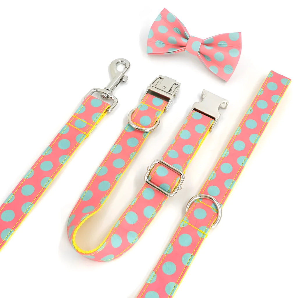 Yellow polka dot dog collar and matching lead rope set with a decorative bow.