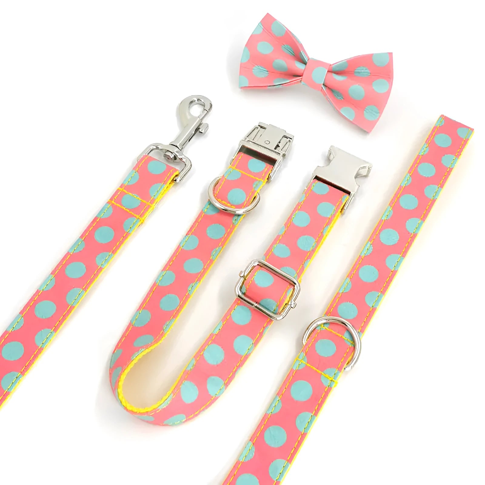 Yellow polka dot dog collar and matching lead rope set with a decorative bow.