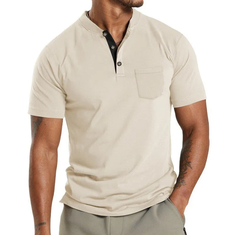 Plus size men's solid colour short sleeve casual shirt with a buttoned chest pocket.