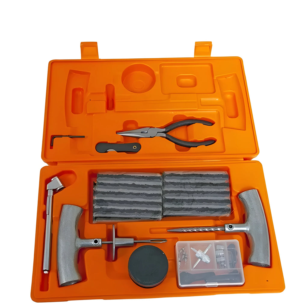 Emergency car tyre repair tool set with tools and pressure gauge in an orange suitcase case.