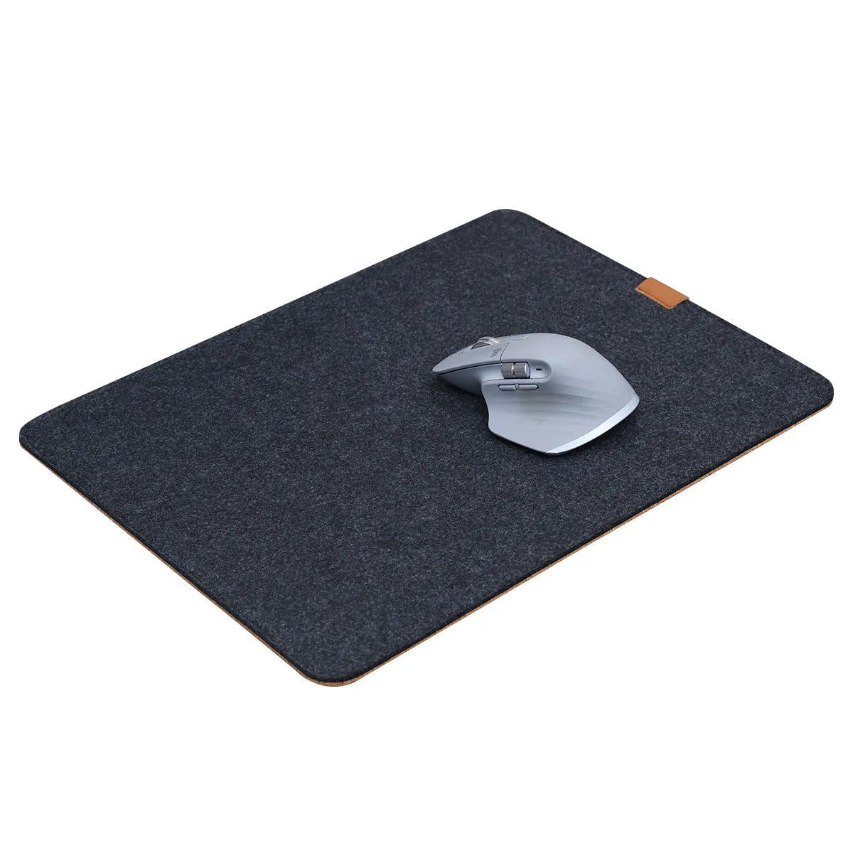 Winter warm felt cork office mouse mat with non-slip base in black and grey pattern on a desk.