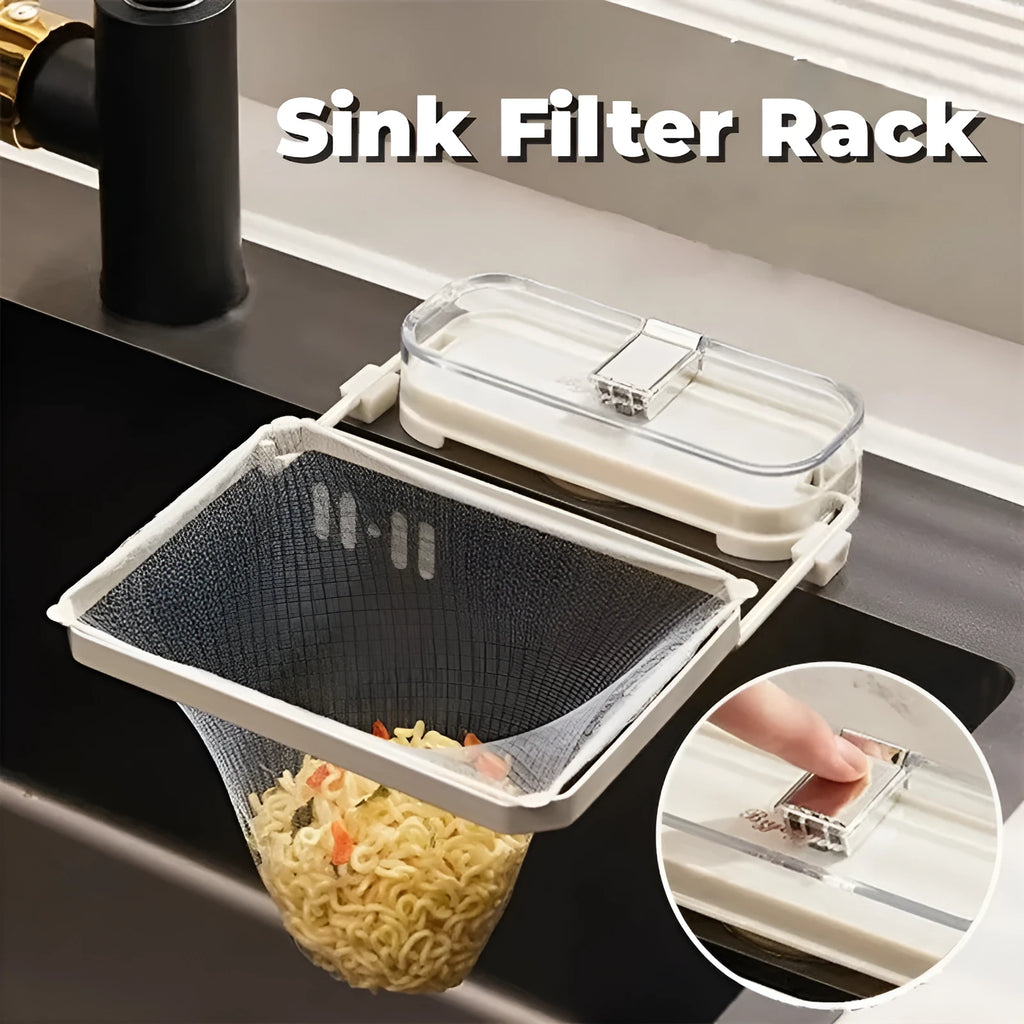 Dark green gold kitchen sink filter rack with suction cups and disposable mesh screen.