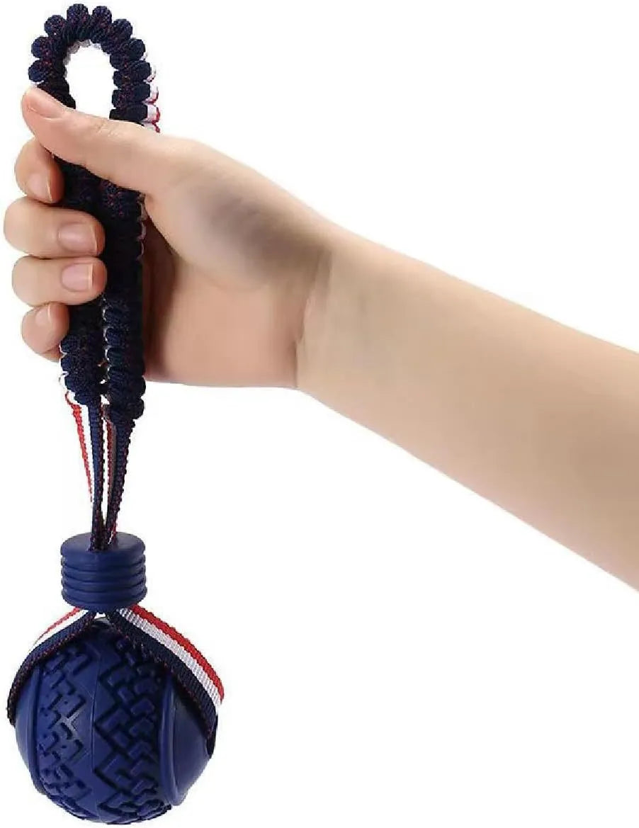 Blue dog ball with rope toy for tug-of-war and teeth cleaning, shown next to a red one.