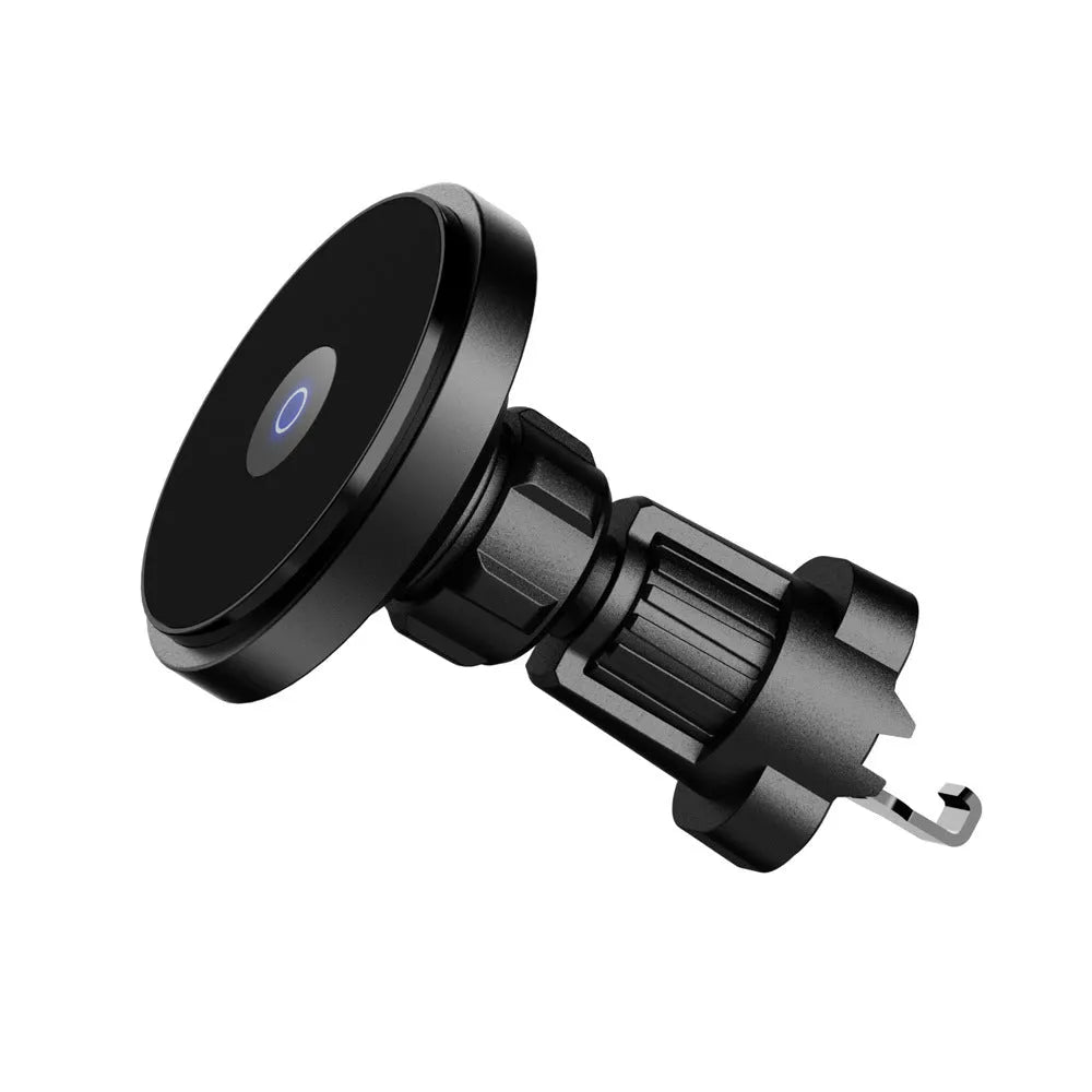 Silver magnetic car wireless charging bracket mounted on car air vent with phone charging