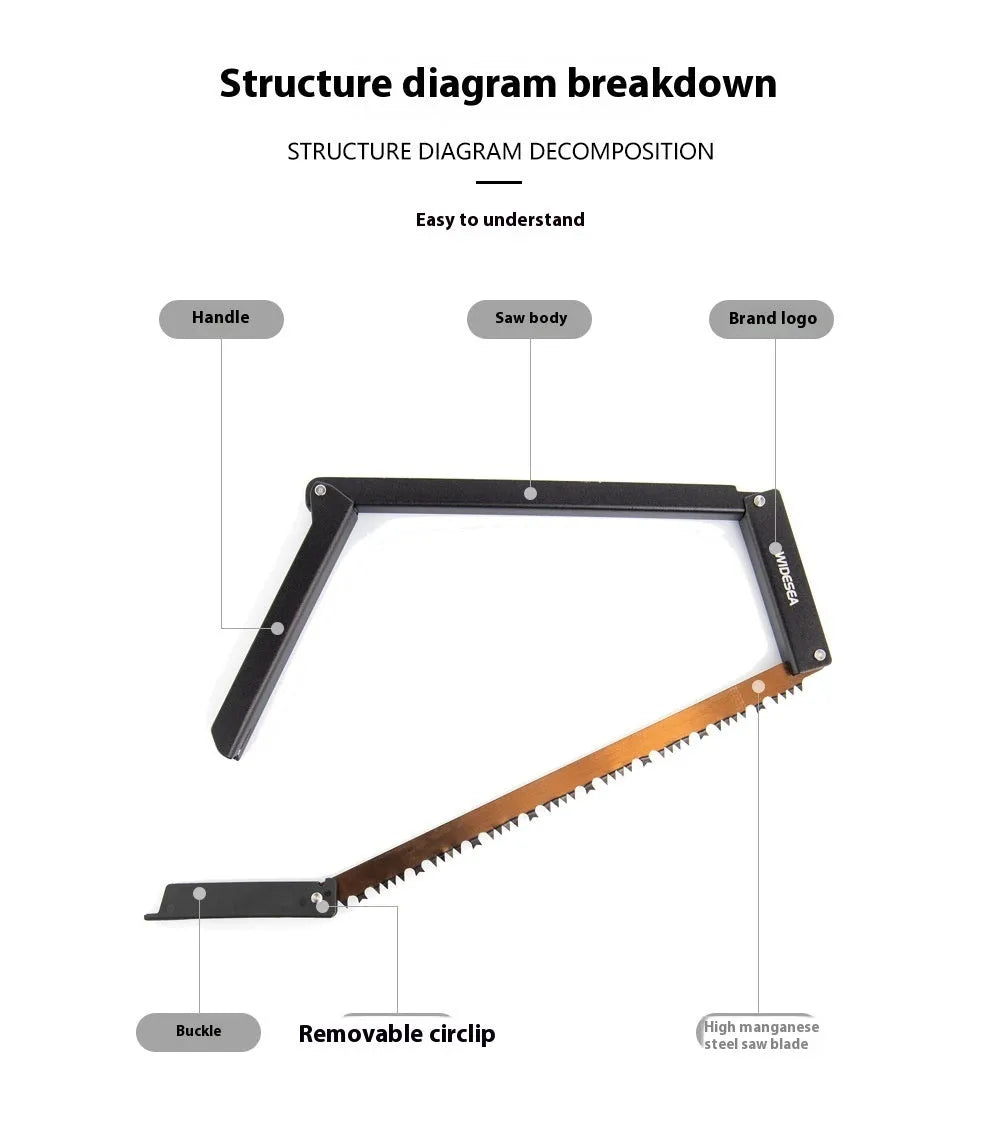 Black foldable outdoor survival saw with aluminium frame in open and closed positions.
