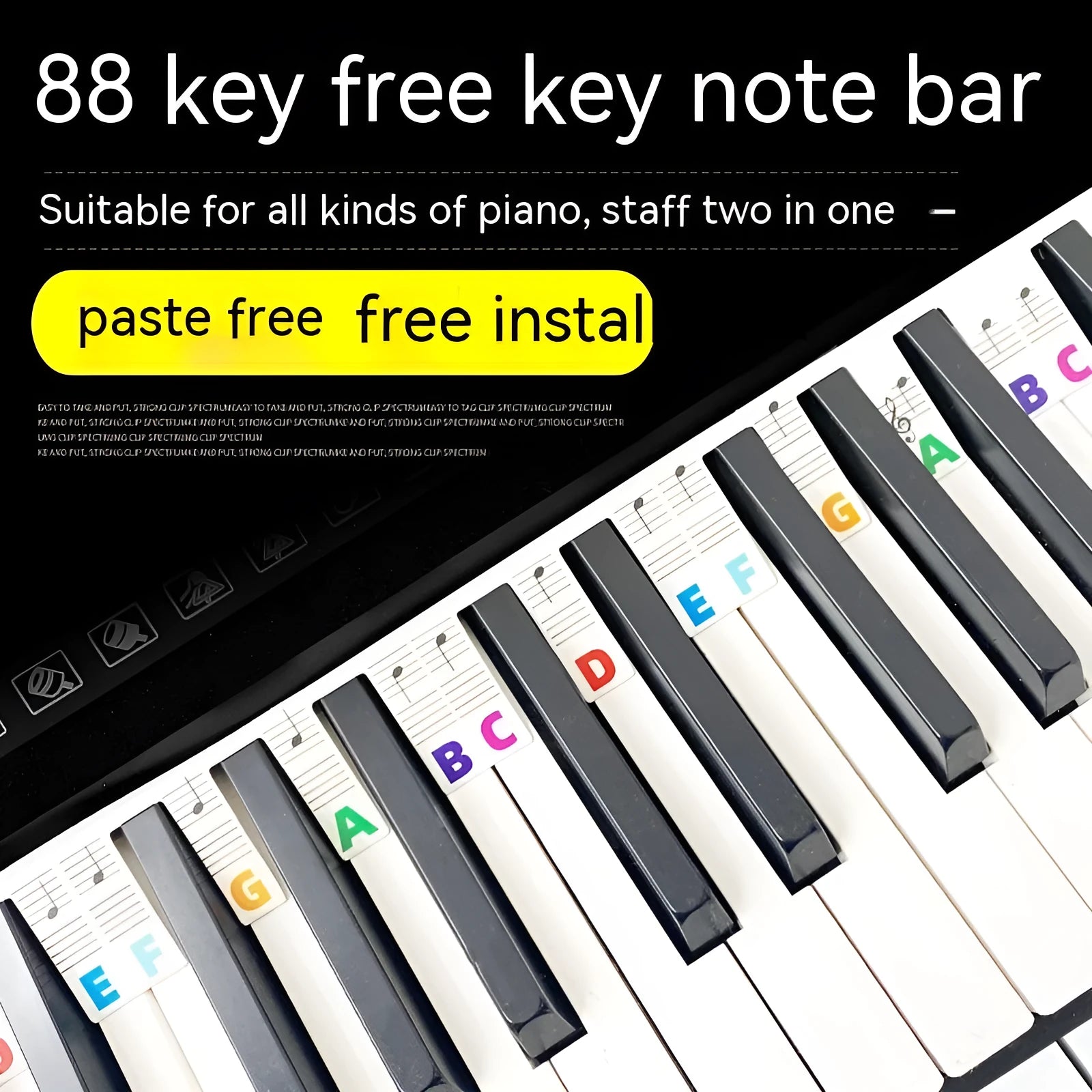 88 key piano keyboard stickers with colour-coded note bars and black notes in separate opp bags for staff notation learning