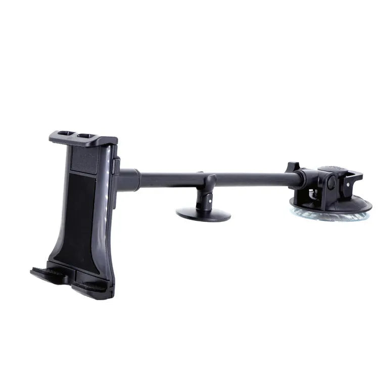 Black vehicle-mounted tablet holder with long-rod suction cup for 4-12 inch devices on a car dashboard.
