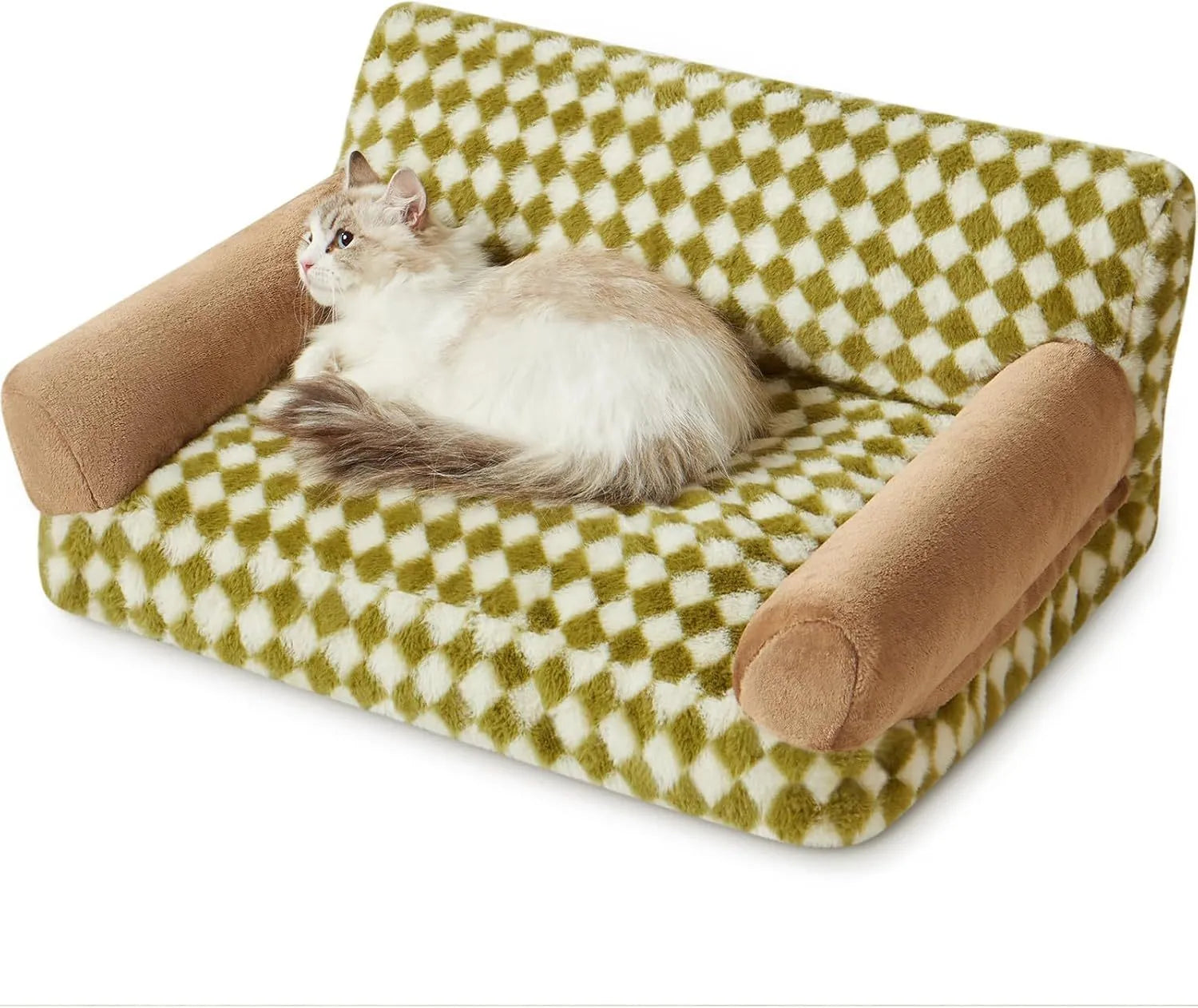 Checkered pet couch bed for cats and small dogs with a non-slip bottom, shown in three available sizes.