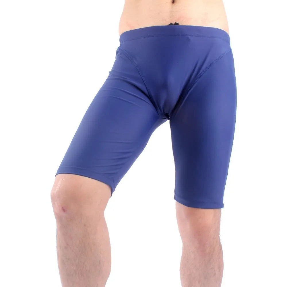 Men's loose five-point swimming trunks in green or navy blue, quick-drying nylon construction with polyester lining