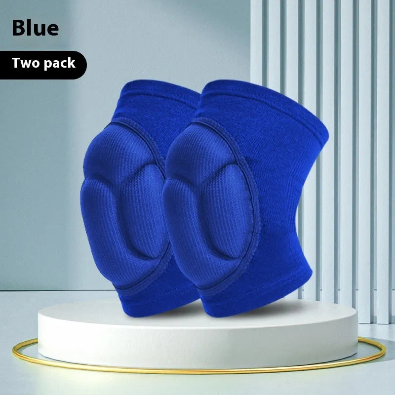 A pair of black and blue kneepads with thick sponge padding for dance and sports.