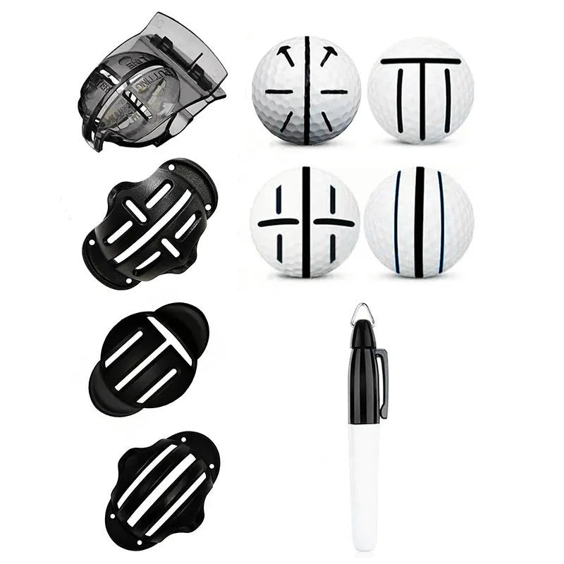 Golf scriber putter alignment tool set with four plastic scribers and four drawing pens.
