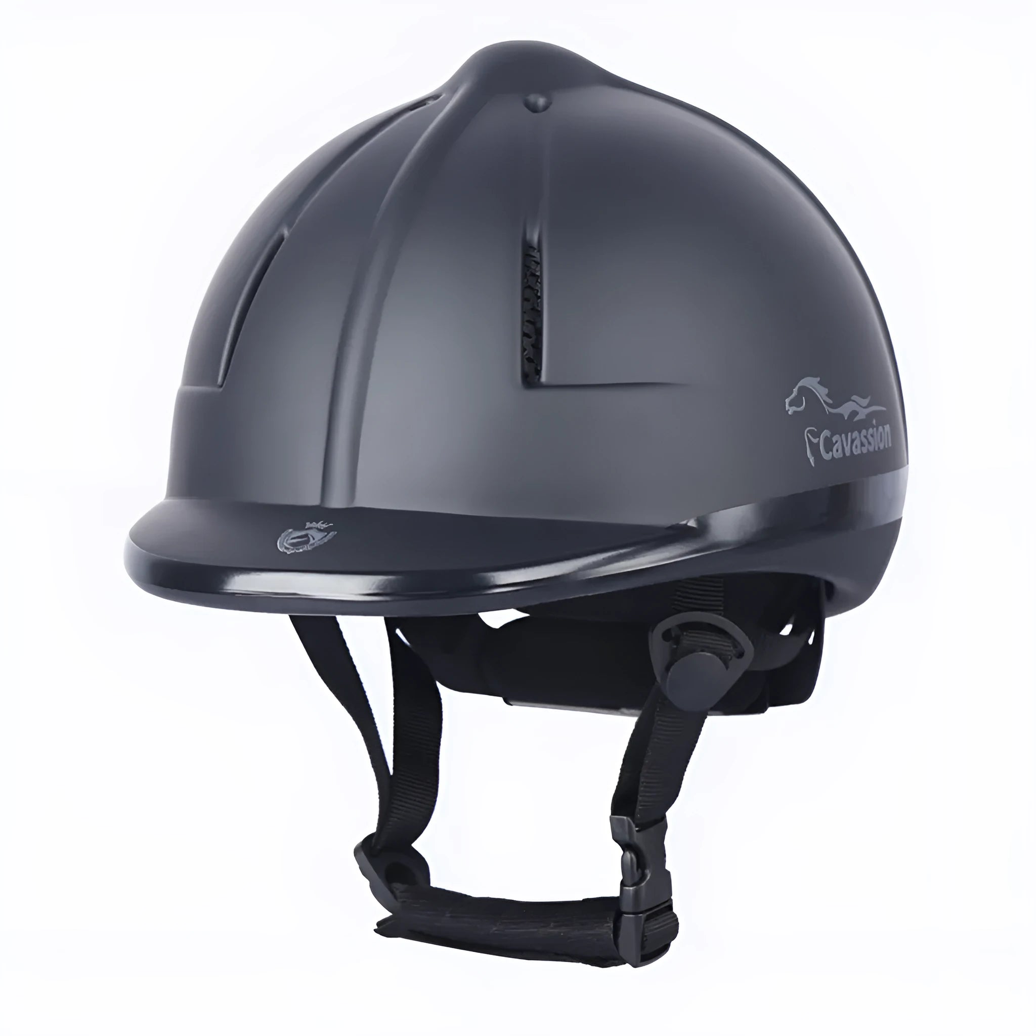 Black adjustable equestrian helmet for head protection in riding and cycling