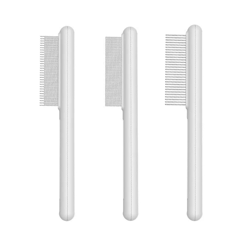 Stainless steel cat grooming comb with rounded teeth and ergonomic handle in green colour