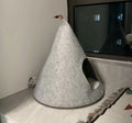 Grey handmade felt cone-shaped cat house with enclosed tent-style design