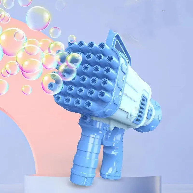 Cherry pink and sky blue electric bazooka bubble gun toy with 32 holes on a colour box.