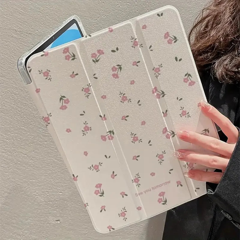 Transparent floral tri-fold tablet protective case with magnetic stand for iPad on white background