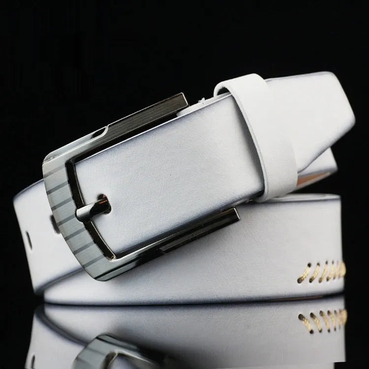 Men's black imitation leather casual belt with threading pattern and an alloy pin buckle.