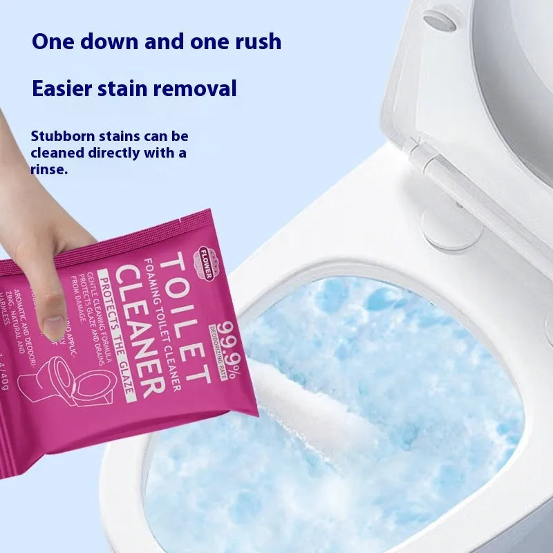 Toilet bubble effervescent cleaning powder in blue ocean and pink floral scents, showing large bag and box of sachets.