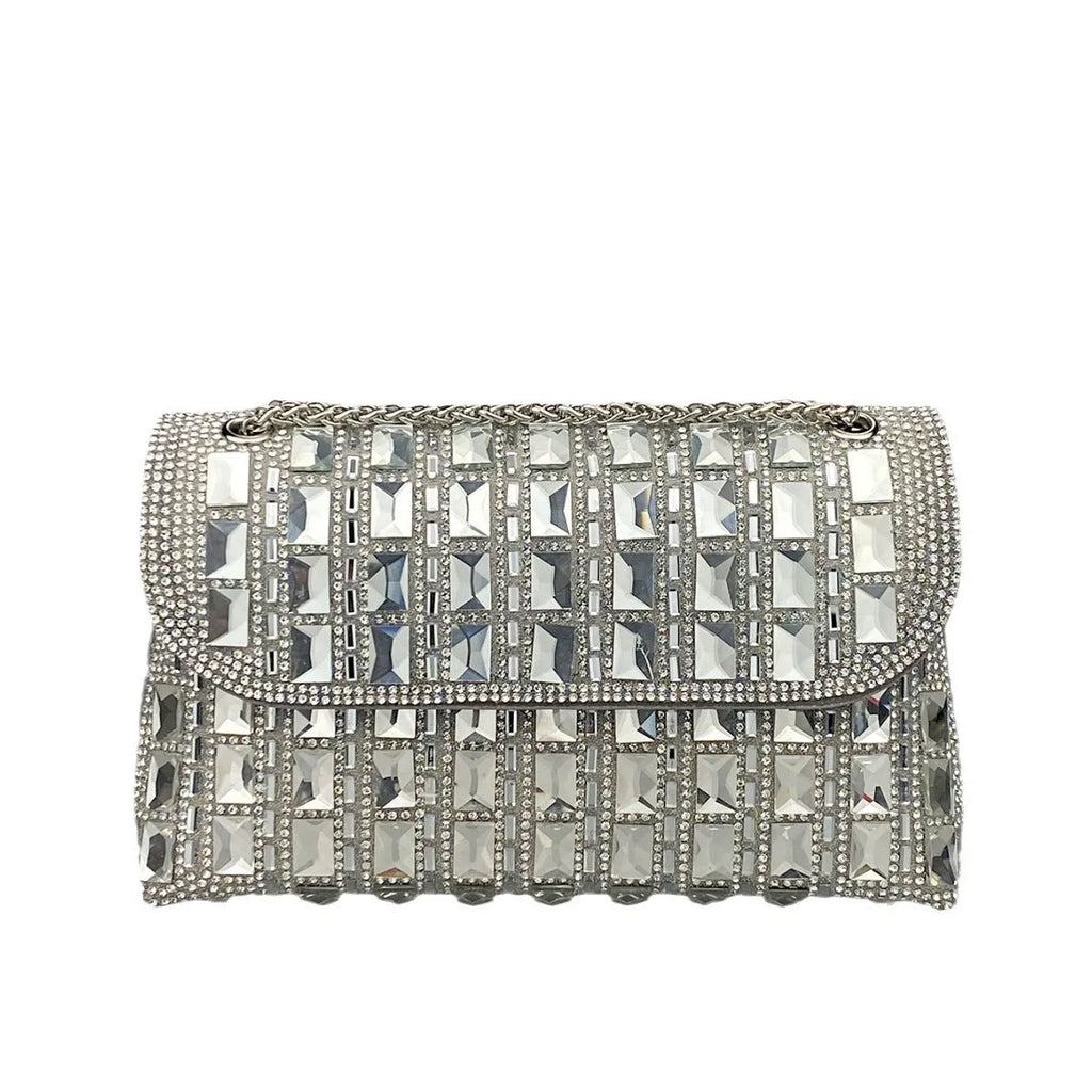 Silver rhinestone chain clutch bag with diamond decorations and phone pocket in horizontal square shape