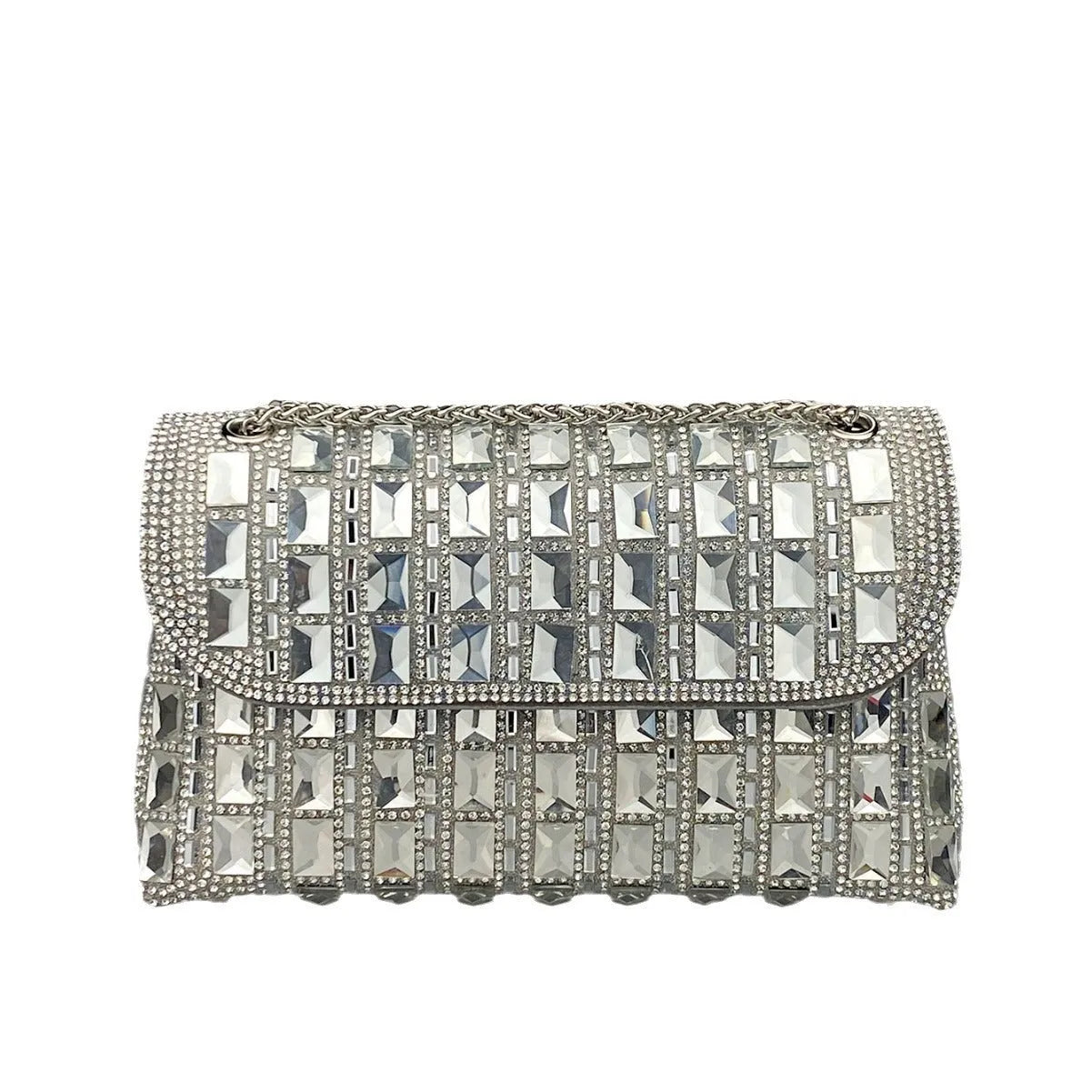 Silver rhinestone chain clutch bag with diamond decorations and phone pocket in horizontal square shape