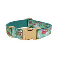 Rose floral pattern dog collar and leash set with green background, detachable bow, and matching dog vest