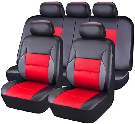 Artificial leather car seat covers with stitching in a 9-piece set for a 5-seater vehicle.
