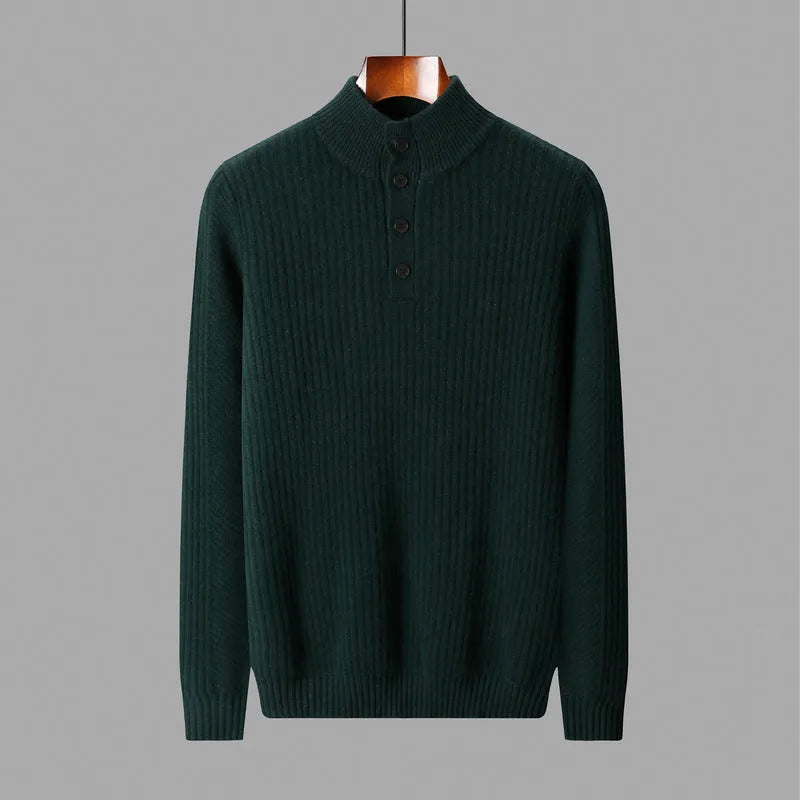 Men's half turtleneck button sweater pullover loose fit wool winter long sleeve