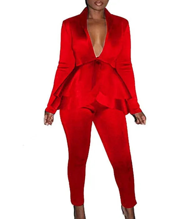 Ruffled business uniform set showing shirt with detailing and matching pencil pants