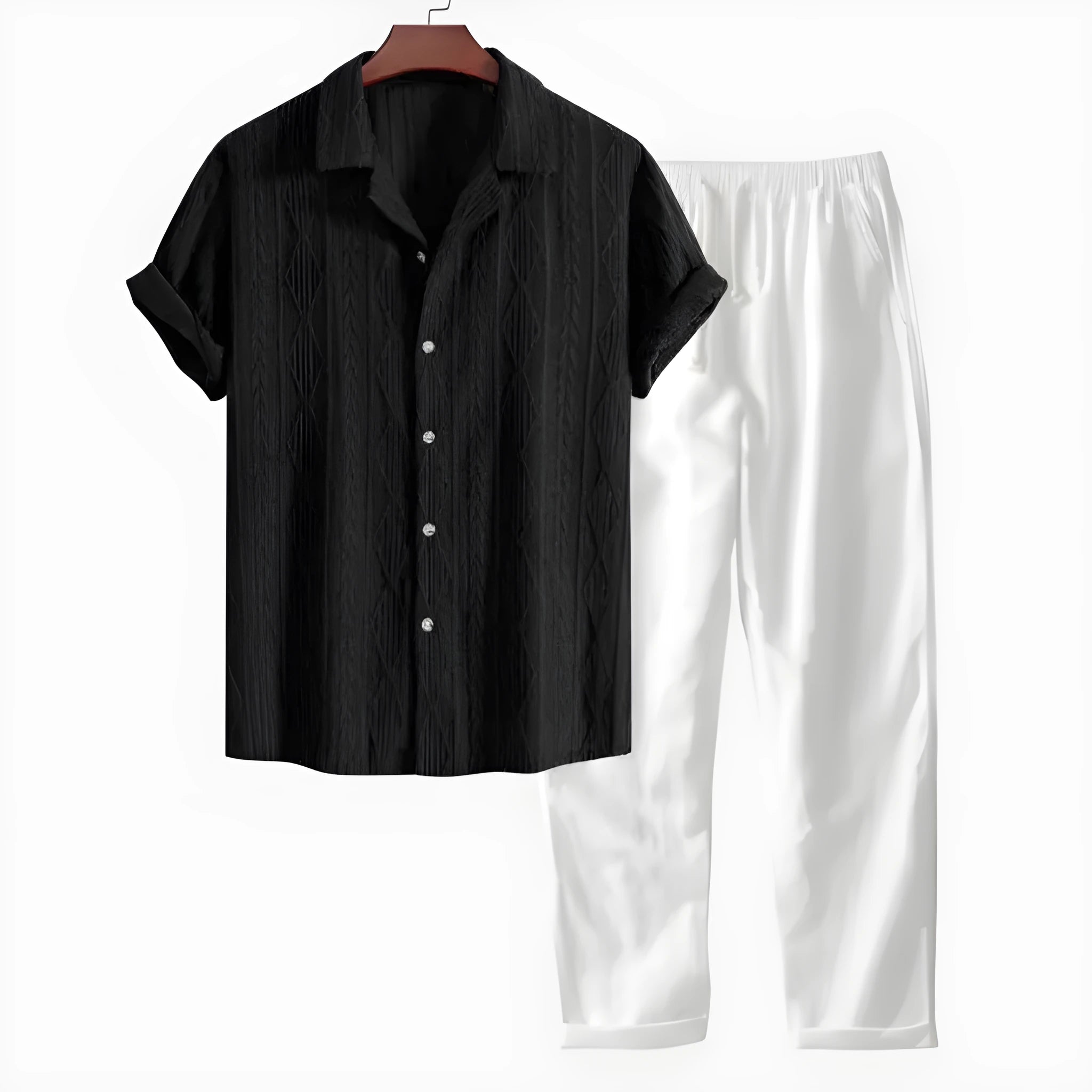 Men's slim-fit camouflage print casual suit consisting of a short-sleeved lapel shirt and matching trousers.