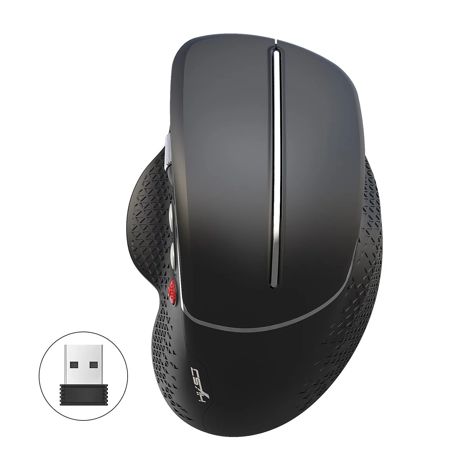 T32 wireless ergonomic vertical mouse in black matte finish showing aluminium side roller and USB receiver.