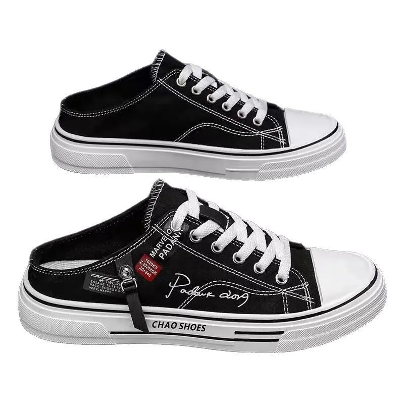 Men's canvas slip-on casual shoes in black and sapphire blue colours with round toe and PVC soles