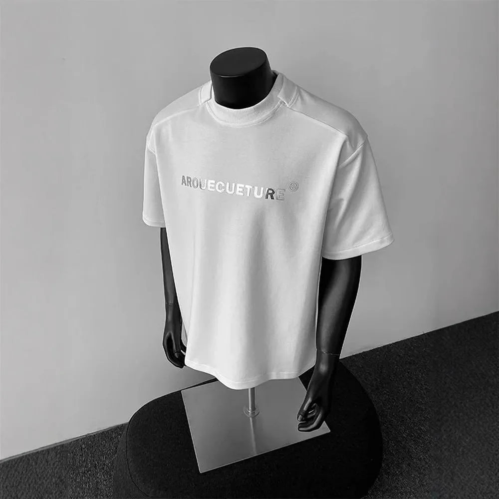 Men's black cotton short sleeve shirt with white letter print, loose fit pullover style
