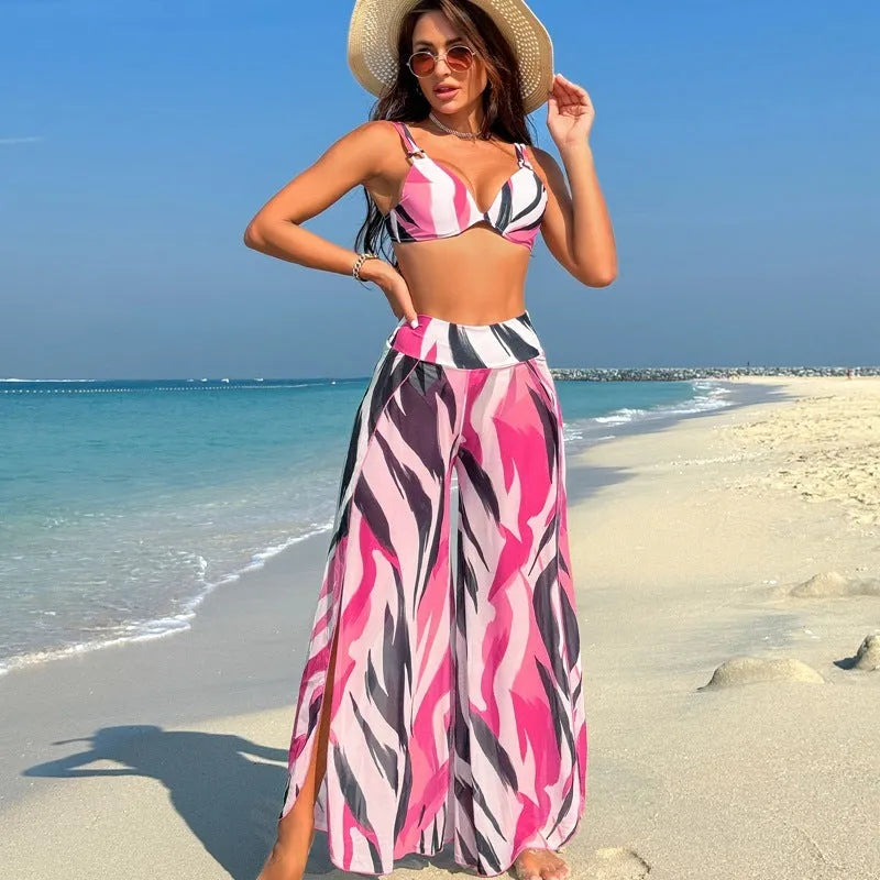Women's three-piece bikini swimsuit set in quick-dry polyester with high elasticity, showing bra with shorts and pants options