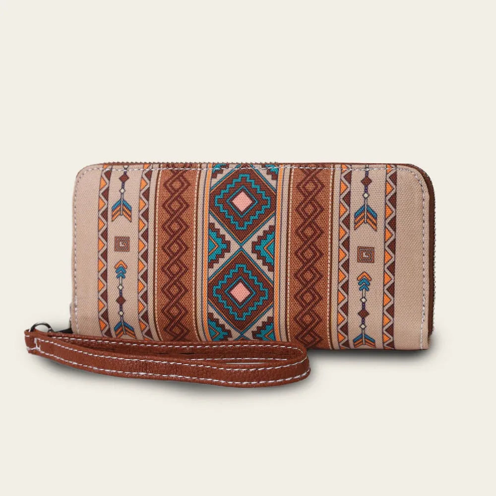 Bohemian striped canvas RFID wallet with a wind belt closure shown in beige.