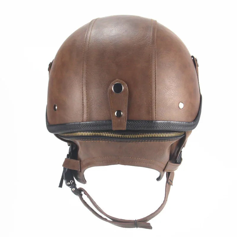 Retro leather motorcycle helmet with half pedal design in black or dark brown colours
