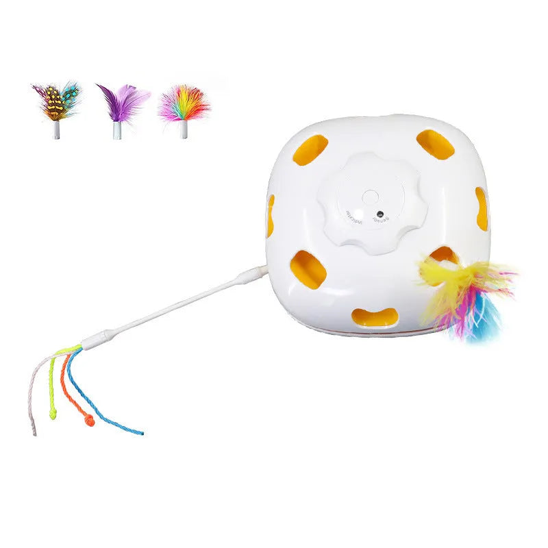 Automatic cat teaser toy with feather components in bright colours showing rolling action mechanism