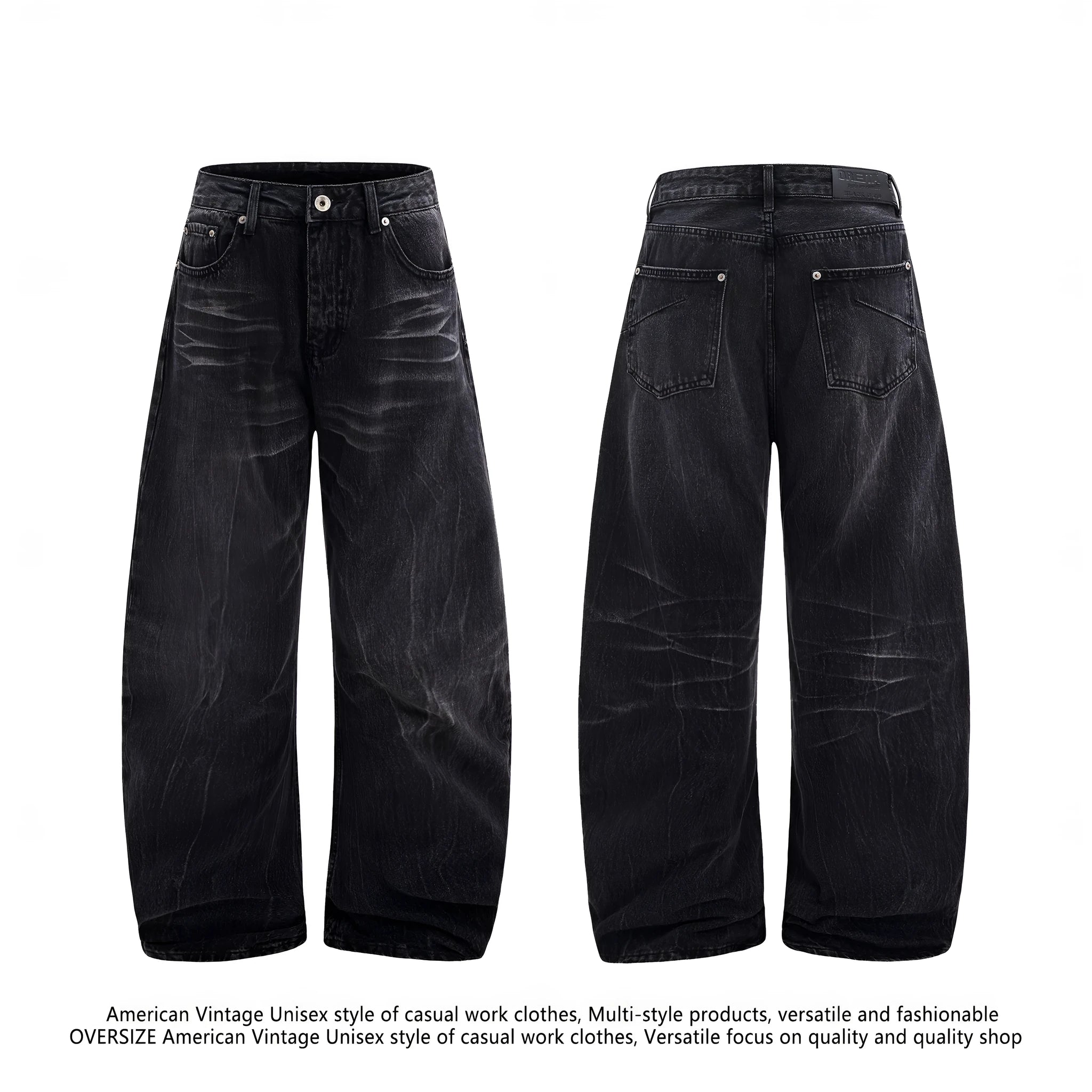 Men's black straight-leg jeans with a lightning crack wash pattern on cotton denim.