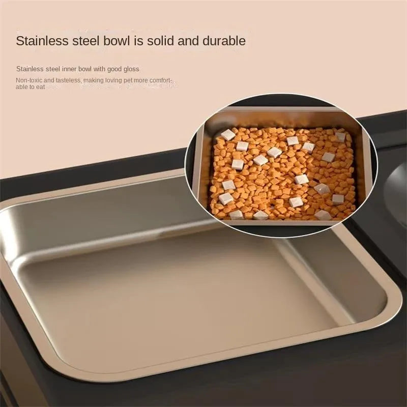 Adjustable height dog feeder stand with stainless steel bowls in black or grey
