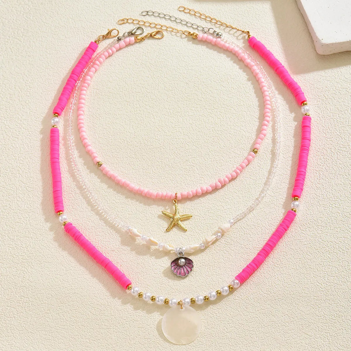 Polymer clay beaded multi-layer necklace with geometric alloy pendant, adjustable 41-50cm, for women
