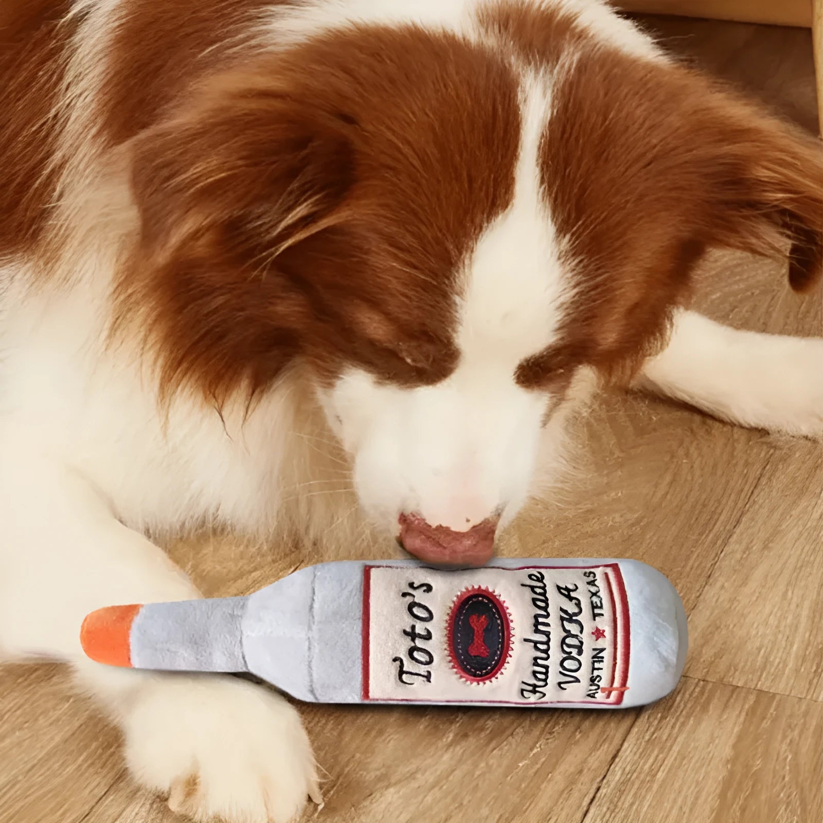 Brown plush wine bottle shaped dog toy with squeaky feature for interactive chew play