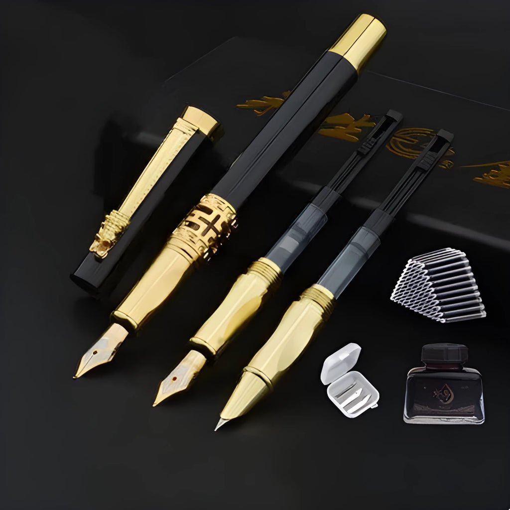Immortal Pen student calligraphy set with iridium nib and metal pen holder in traditional Chinese gift box