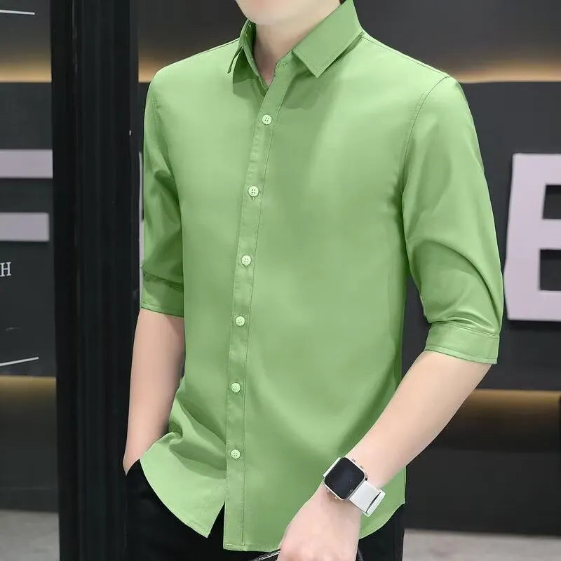 Men's slim-fit half-sleeve shirt in linen and silk blend, shown in a solid colour with a non-iron finish.