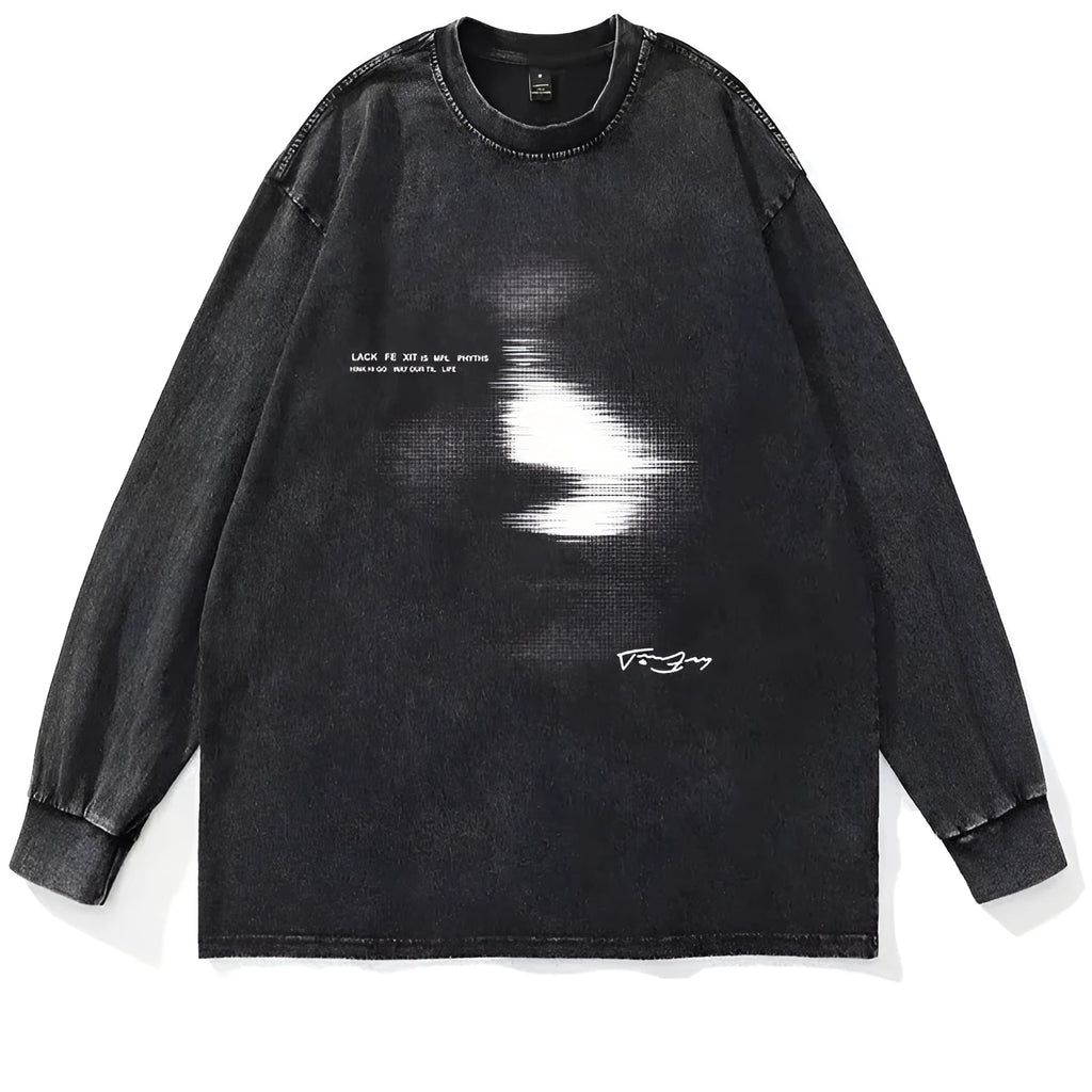 American style distressed 230g heavy cotton long sleeve t-shirt for men, loose fit drop-shoulder pullover in black