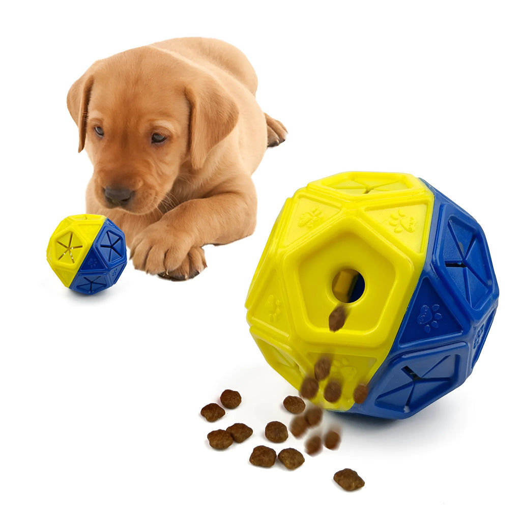 Blue interactive dog ball toy with hollow food-dispensing centre