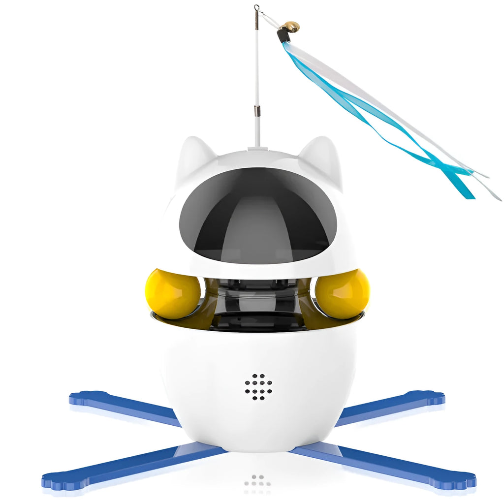 White automatic electronic cat toy with rotating stick and elastic rope for indoor feline entertainment