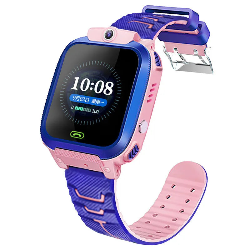 Blue waterproof children's smartwatch with colour touch screen on a silicone strap.