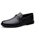Gentleman formal wear low-top slip-on cowhide shoes for men in black, round toe, chunky heel, stitching detail