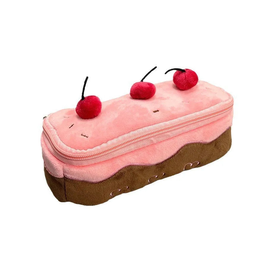Cherry cake coloured velvet plush pencil bag with a zip, shown in Korean style.