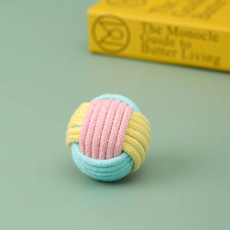 Handmade soft cotton plush ball cat toy in blue powder, green blue, or pink green colours, 5cm diameter